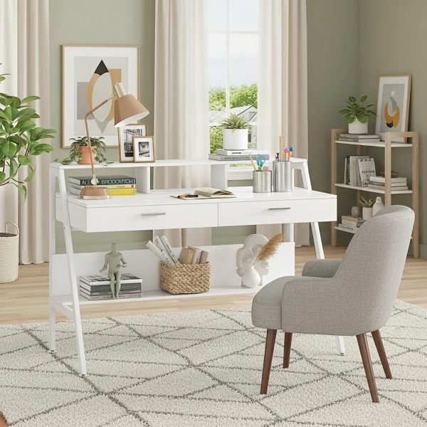 product-fancy-17ab14ea-dcfc-4a40-a56c-e4bccb8e4593 47 Inch Computer Desk With Storage Shelf & Drawers | Modern Office Writing Desk Study Table With Monitor Stand Riser, White, Byblight, Christmas Renewal