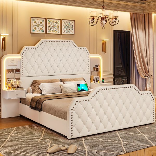 product-fancy-17cc1081-b3c1-4119-b7db-53ad05406b22 Queen Size Bed Frame with 2 Nightstands with Mirror, Modern Platform Bed Frame with 53" Tall Headboard and 4 Storage Drawers