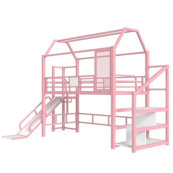 product-fancy-1827498b-328a-4015-855c-79077be42635 BELLEMAVE 2-1 Twin Loft Bed with Slide And Stairs, Metal Playhouse Bed with Storage Shelves, House-shaped Loft Bed And Noise-free Design, Pink