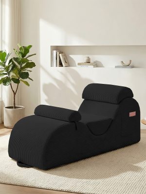Striped Adult Yoga Chair, Indoor Toilet Chair with Side Pockets, Headrest, Lumbar Cushion, Movable Footrest, Curved Yoga Sofa for Relaxing And Stretching in Bedroom, Black