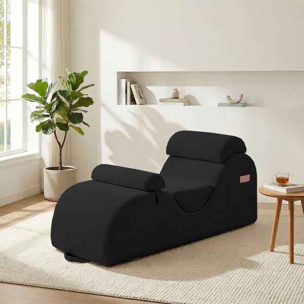 product-fancy-18c191c1-f522-43d3-a1d4-3fad45dc86f3 Striped Adult Yoga Chair, Indoor Toilet Chair with Side Pockets, Headrest, Lumbar Cushion, Movable Footrest, Curved Yoga Sofa for Relaxing And Stretching in Bedroom, Black