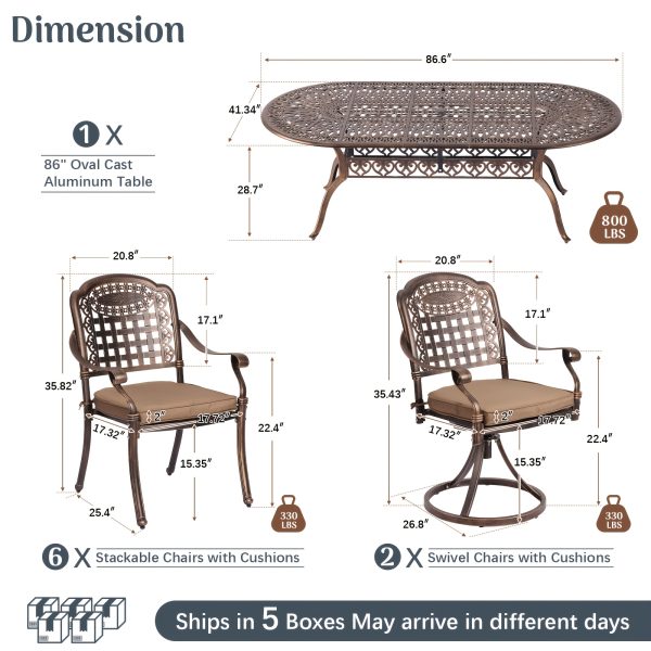 9pcs Cast Aluminum Outdoor Patio Dining Set - Ornate Scrollwork Design, Weather-Resistant Rust-Proof Frame, Oval Table And 8 Cushioned Chairs, Suitable for Garden, Backyard And Poolside Seating