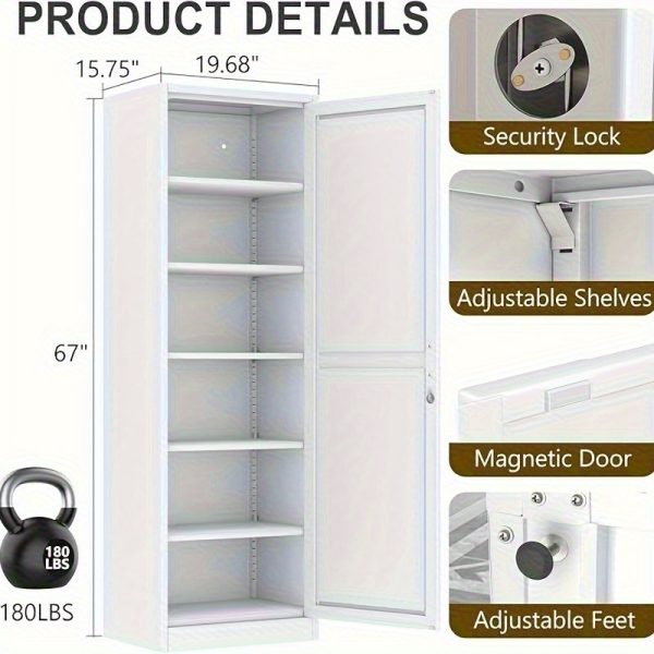 67" Tall Lockable Metal Storage Cabinet Narrow Stand-Alone Cabinet with Adjustable Shelves & Locking Door - Space-Saving Vertical Unit Suitable for Home Office, Pantry, Bathroom, Small Spaces