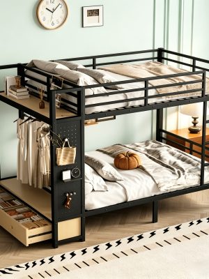 BELLEMAVE Full Over Full Size Metal Bunk Bed with Storage Shelves, Drawers And Pegboard, Heavy-Duty Loft Bed with Noise-Reduced Design, No Box Spring Required, Black