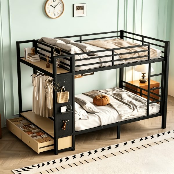product-fancy-1930e712-cf65-4aad-8e0f-9d48b0b2eba6 BELLEMAVE Full Over Full Size Metal Bunk Bed with Storage Shelves, Drawers And Pegboard, Heavy-Duty Loft Bed with Noise-Reduced Design, No Box Spring Required, Black