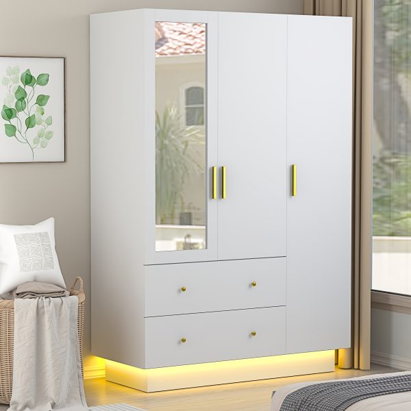 product-fancy-19333953-bfc0-422b-8158-d7cebe7fe4ae 3 Doors Armoire Wardrobe Closet with Mirror, LED Armoire with Doors And Drawers, Wooden Armoire Storage Cabinet with Hanging Rod, Adjustable Shelves