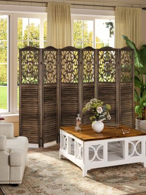 4/6 Panel Room Divider, 5.58 FT Folding Privacy Screen Room Separation, Freestanding Partition for Home Office Garden, Wood Carved Portable Room Divider Panel, Antique White/Rustic Brown