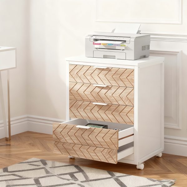 product-fancy-19c9177a-81c0-45aa-828e-ab326c2ed270 5-Drawer Beige & White Wood Mobile File Cabinet, Industrial Rolling Printer Stand with Herringbone Pattern for Home Office Storage, Durable Engineered Wood Design