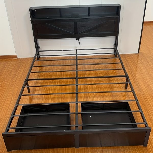 product-fancy-19ef0812-d23b-4e83-a389-f2e30ff82d66 Farmhouse Bed Frame with Storage Headboard and Drawers, LED Light and Charging Outlet, Noise Free, No Box Spring Needed