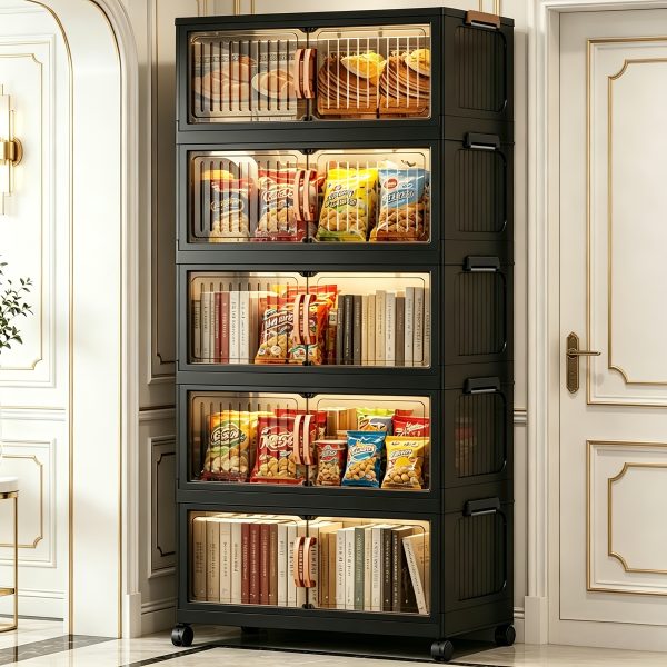 product-fancy-19f65989-c969-479a-852a-3d31ba3d9355 No Assembly 2/3/4/5 Tier Foldable Stackable Storage Cabinet, 44.29 Inch Large Capacity Modular Organizer Box with Lid, Rolling Wheels & Magnetic Double Door, Space Saving Portable Multi-Layer Storage Unit, Easy Setup Household Storage Container