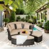 [Round Daybed With Canopy] Outdoor Patio Round Daybed With Retractable Canopy, Clamshell Sectional Seating Wicker Furniture With Washable Cushions For Backyard, Lawn, Poolside, Garden, And Outdoor Living Spaces, Brown