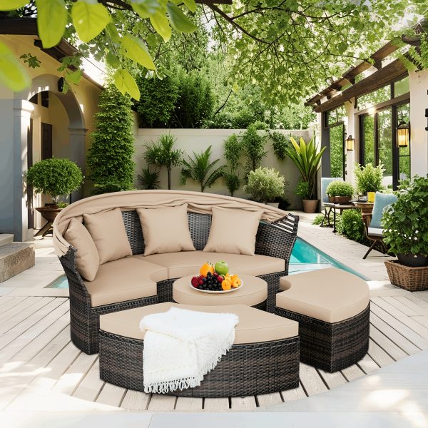[Round Daybed With Canopy] Outdoor Patio Round Daybed With Retractable Canopy, Clamshell Sectional Seating Wicker Furniture With Washable Cushions For Backyard, Lawn, Poolside, Garden, And Outdoor Living Spaces, Brown