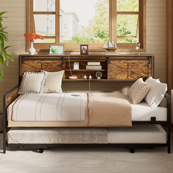 product-fancy-1a17fe58-5878-476c-a5b0-0eb200ae020f Homieasy Farmhouse Daybed with Trundle, Twin Day Bed with Charging Station, Heavy Duty Metal Sofa Bed Frame with Pop-up Trundle Bed for Living Room, Bedroom And Guest Room