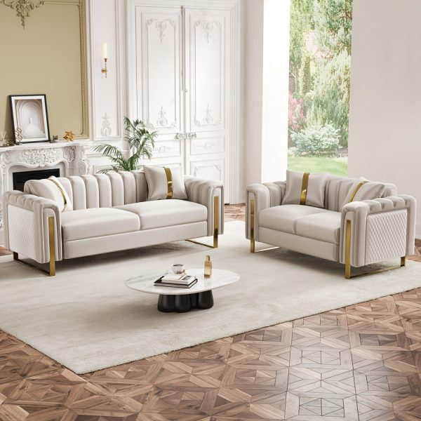 product-fancy-1a719671-a9c2-417a-9409-2b01a200425c Set of 2 67" 2-Seater/ 84.7" 3-Seater Chesterfield Sofas Luxury Velvet Couches Modern White And Golden Sofas for Living Room, Mid-Century Victorian Loveseats with Removable Cushions And 2 Toss Pillows And Golden Metal Legs
