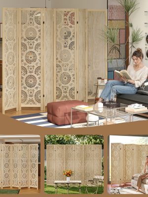 6 Or 4 Panel Wood Screen Room Divider, Farmhouse Style Carved Boho Wall Dividers Folding Screens, Freestanding Hollow Partition Privacy Screen for Home Office Bedroom Studio Apartment, Natural