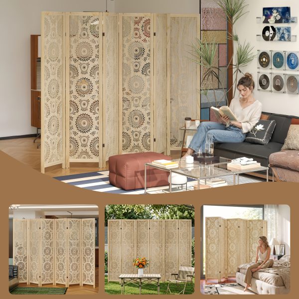 product-fancy-1a742c4b-cc2f-47b6-8b11-74a06c4e14e7 6 Or 4 Panel Wood Screen Room Divider, Farmhouse Style Carved Boho Wall Dividers Folding Screens, Freestanding Hollow Partition Privacy Screen for Home Office Bedroom Studio Apartment, Natural