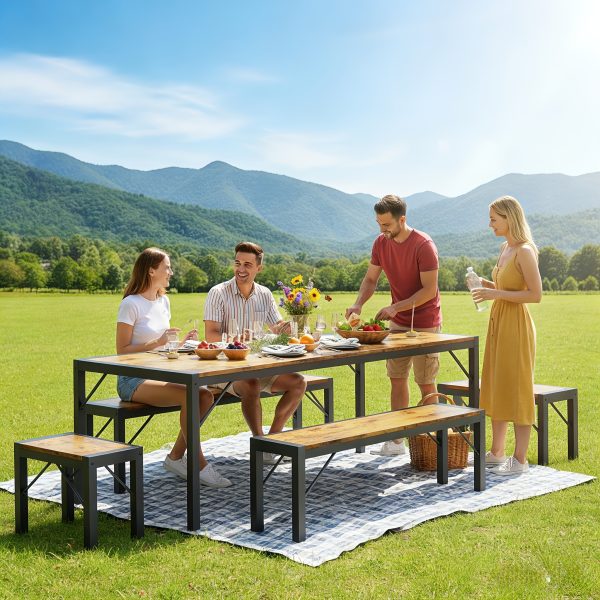 product-fancy-1a8f69fe-9c6a-4f61-9a5a-c6600b6360b3 Non-Folding 5pcs Indoor & Outdoor Dining Table Set, 6 Seater Patio Kitchen Table with 2 Benches & 2 Stools, Industrial Space-Saving Set for Picnic, Camping, Backyard