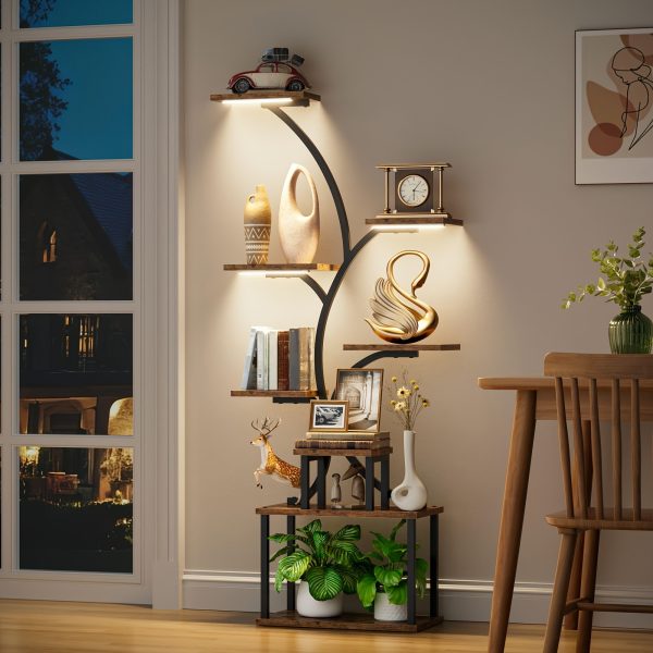 product-fancy-1a9f1b15-f00e-490a-8faa-d97d0355e434 CODACE 1pc Bookcase with LED Lights, 8-tier Corner Display Stand, 62" Multi-functional Metal Display Shelf for Plants, Handicraft, Tree-shaped Plant Shelf for Living Room, Study, Bedroom, Balcony, Entrance, Home Decor, Good Gift Choice Easter's Gift
