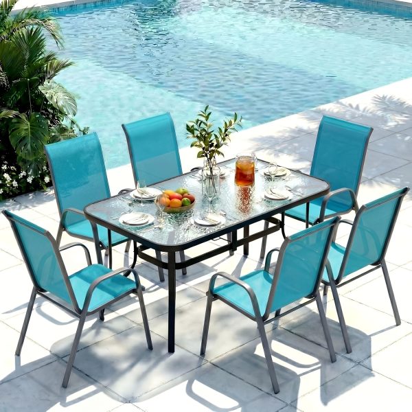 7pcs Outdoor Table And Chairs for 6, Outdoor Dining Set W/Rectangle Glass Table And 6 Patio Textilene Stackable Chairs, Patio Furniture Set W/Umbrella Hole, Umbrella Not Included