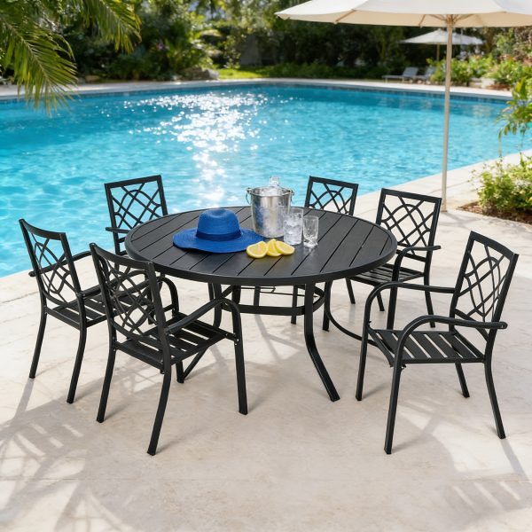 5/7pcs Outdoor Dining Set, Including 4/6 New Dining Chairs And 1 Round Table (53"/41") - Heavy Iron Frame, Adjustable Umbrella Holes (1.57"-1.97")