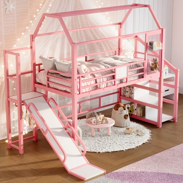 product-fancy-1baf5eab-c57b-4d6d-ac4f-59d4cc233975 BELLEMAVE 2-1 Twin Loft Bed with Slide And Stairs, Metal Playhouse Bed with Storage Shelves, House-shaped Loft Bed And Noise-free Design, Pink