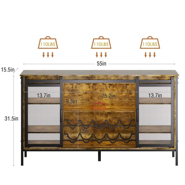 Wine Cabinet for Apartment Dormitory A 55-inch-long, 32-inch-high Farmhouse-style Bar Cabinet Featuring A Wine Rack, Glass Rack, And Storage Space On Both Sides; Finished In A Brown, Natural Wood Tone; Perfect for Use As A Sideboard In The Living