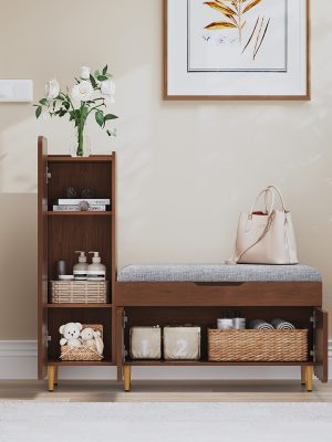 Shoe Organizer Cabinet, Entryway Bench With Adjustable Shelves And Cushioned Seat, Unique L-Shaped Bench Cabinet For Entryway