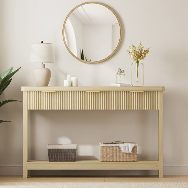 product-fancy-1bc0c714-4041-47d6-9c24-9d1a469a8846 51 IN Fluted Console Table with 3 Drawers, Modern Entryway Table with Metal Handles, Sturdy Solid Wood Design, Hallway Table with Storage, for Living Room And Hallway