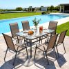 product-fancy-1bc62868-11df-4020-b614-6026d9febd7d-1 7pcs Outdoor Dining Table and Chairs for 6 People - Textilene Stackable Patio Furniture with Glass Table & Umbrella Hole Base Suitable for Deck, Poolside,, Backyard - Umbrella Not Included