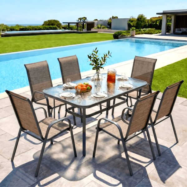 product-fancy-1bc62868-11df-4020-b614-6026d9febd7d 7pcs Outdoor Dining Table and Chairs for 6 People - Textilene Stackable Patio Furniture with Glass Table & Umbrella Hole Base Suitable for Deck, Poolside,, Backyard - Umbrella Not Included