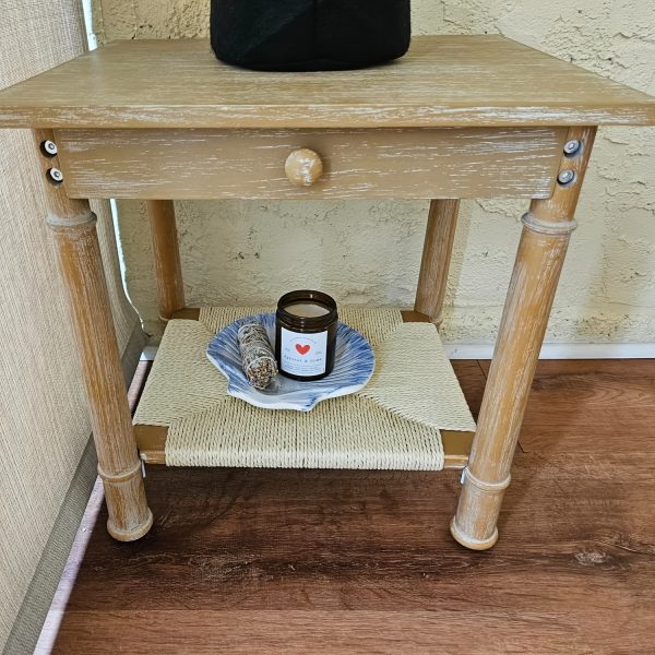 product-fancy-1be80da5-a0b6-49ff-bcdd-920a47771a30 1pc 18 Inches Classical Square Side Table with Drawer 2-Tier End Table with Open Rattan Storage Shelf Solid Wood Sofa Table for Small Space, Living Room, Bedroom, Natural/ Black