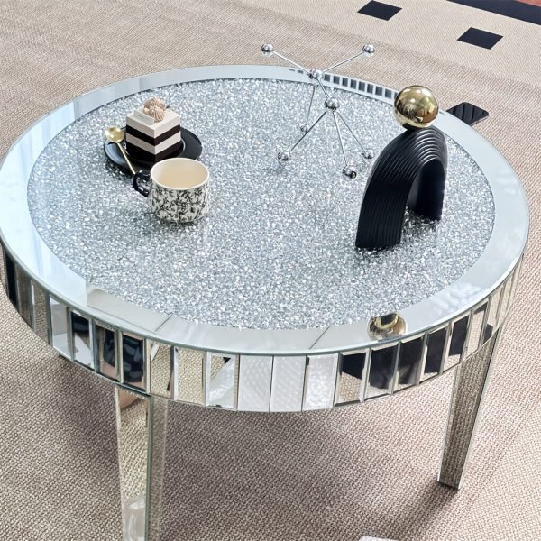 AESOME Glam Silver Mirrored Round Coffee Table Crushed Diamond Accent Side Table With Beveled Glass Edge Modern Center Table For Living Room And Office (31.5" D X (31.5" W X 18.3" H)