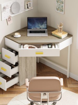 Triangle Corner Desk, Modern Computer Desk With 3 Drawers, 90-Degree Writing Desk PC Table Makeup Vanity Desk With Storage For Home Office, Living Room, Bedroom (White And Grey)