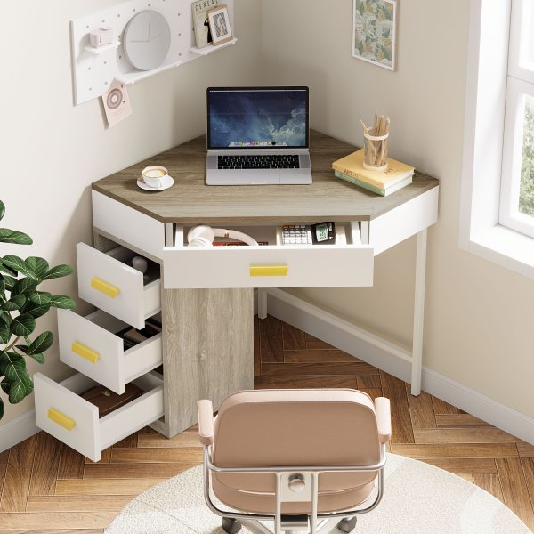 product-fancy-1c3643df-bd7c-4a11-a315-bd4e4102b1f1 Triangle Corner Desk, Modern Computer Desk With 3 Drawers, 90-Degree Writing Desk PC Table Makeup Vanity Desk With Storage For Home Office, Living Room, Bedroom (White And Grey)