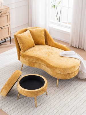 58'' Indoor Chenille Chair with Left Armrest And Lumbar Pillow Upholstered Furniture Lounge Chair, Lounge Sofa for Living Room Bedroom Office with Footstool.