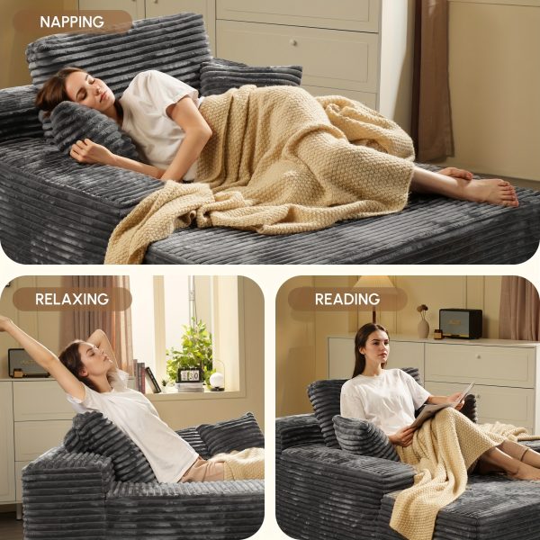 67" Oversized Boneless Lounge Chaise - Corduroy/Plush Fabric/Teddy Fleece Floor Couch with Pillows And Armrests | Deep Seat Single Sofa Bed with High Density Sponge Cushion | U Sleeper Couch for Living Room, Apartment, Bedroom | No Assembly Required