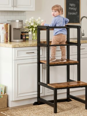 Adjustable Toddler Step Stool with Safety Rail, Wooden & Steel Learning Tower for Kids, Height Adjustable Kitchen Stool for Toddlers
