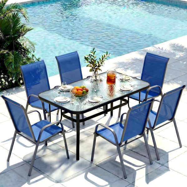 7pcs Outdoor Table And Chairs for 6, Outdoor Dining Set W/Rectangle Glass Table And 6 Patio Textilene Stackable Chairs, Patio Furniture Set W/Umbrella Hole, Umbrella Not Included