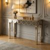 AESOME Luxury Elegant Mirrored Console Table 47.24 Rectangular Silver Mirrored Entryway Table Lantern-Shape Pattern Decor with Golden Rim Legs Sofa Side Tables Long Hallway Table for Foyer, Entrance, Offices Decor