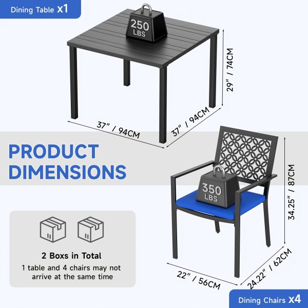 5pcs Outdoor Dining Set, Wood Grain Square Outdoor Patio Table And Chairs Set, Metal Dining Set with With 4 Spacious Dining Chair, All Weather Patio Furniture Set for Deck Garden