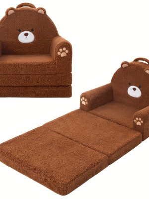 Kids Sofa 2-in-1 Convertible Kids Couch Fold Out Lounger Soft Sherpa Kids Chair High-Density Foam Sofa Cute Brown Bear Playroom Nursery Furniture for Boys Girls Room Decor