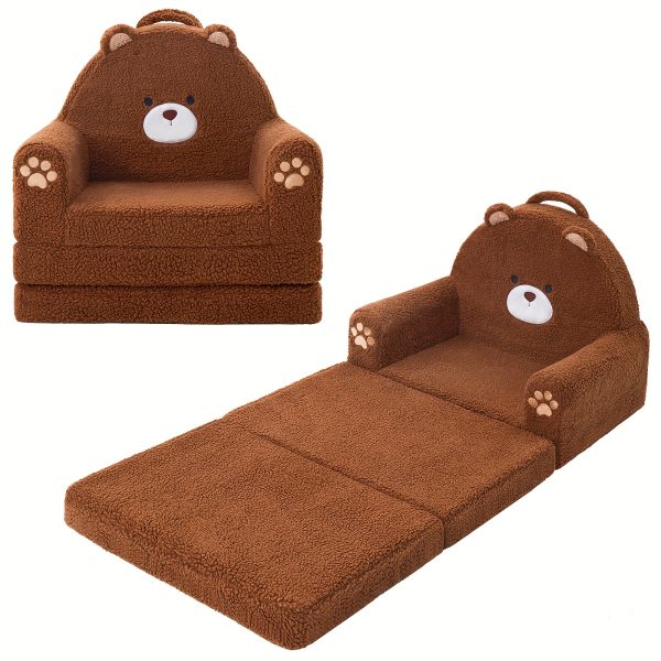 product-fancy-1d9ac342-089b-4bd8-95f1-33bc5a15bb13 Kids Sofa 2-in-1 Convertible Kids Couch Fold Out Lounger Soft Sherpa Kids Chair High-Density Foam Sofa Cute Brown Bear Playroom Nursery Furniture for Boys Girls Room Decor