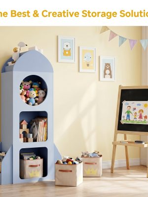 3-Tier Kids Bookshelf And Storage, Rocket Space Theme Cabinet with Side Shelves, Open Kids Bookcase, Display Organizer for Playroom, Kindergarten, School