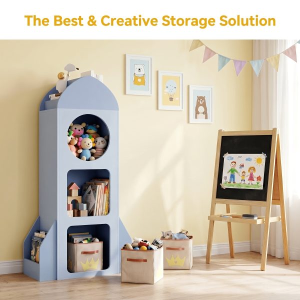 product-fancy-1e11a60f-0166-4f28-8b4a-78094adc6a7a 3-Tier Kids Bookshelf And Storage, Rocket Space Theme Cabinet with Side Shelves, Open Kids Bookcase, Display Organizer for Playroom, Kindergarten, School