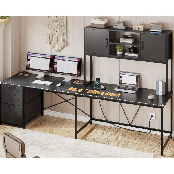 product-fancy-1e20ea88-840a-49ba-8253-038fe67d0d6b L-shaped Desk with Drawers, 62.2-inch Home Office Desk Featuring Fabric File Drawers and Power Outlets, L-shaped Desk with Storage Cabinet, Storage Shelf, LED Light