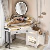 product-fancy-1e243069-1a3e-41ec-b8c5-739a2121d763 Dystler Corner Vanity With Mirror And Lights, Modern Makeup Vanity Set With Charging Station For Bedroom/Cloakroom, Glass Top Vanity Table With Drawers And Shelves, White