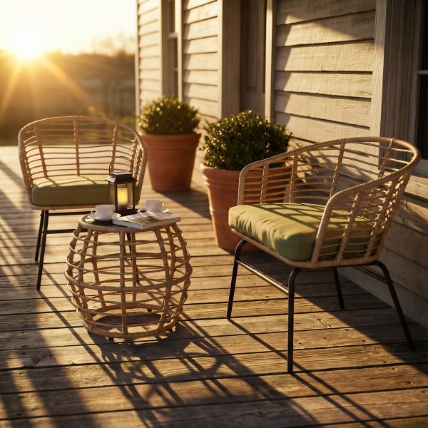 [Outdoor Patio Set] 3pcs All-Weather Outdoor Patio Furniture Set Suitable for Garden, Balcony & Poolside - Metal Frame Wicker Rattan Conversation Set with Cushions & Coffee Table, -Filled Chairs (Green)