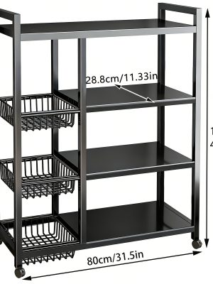 Kitchen Storage Shelf with Mesh Baskets, Metal Frame Serving Cart with Wheels, Rolling Baker's Rack with Adjustable Shelves, for Kitchen Bathroom Living Room Office