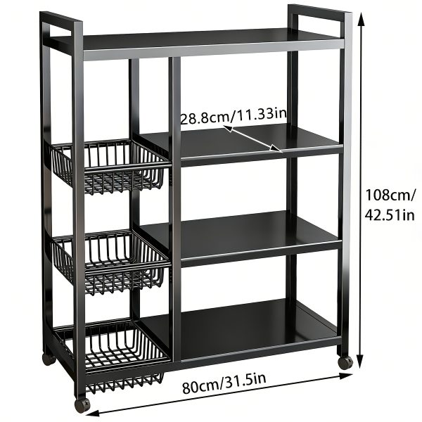 Kitchen Storage Shelf with Mesh Baskets, Metal Frame Serving Cart with Wheels, Rolling Baker's Rack with Adjustable Shelves, for Kitchen Bathroom Living Room Office