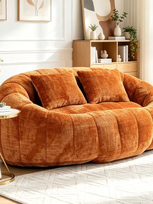 Oval Padded 2-Seat Beanbag Chairs, Upholstered Bean Bag Couch with 2 Pillows And Wrap-Around Backrest, Gaming Loveseat Sofa, Chenille Fabric Lazy Floor Beanbag Chair